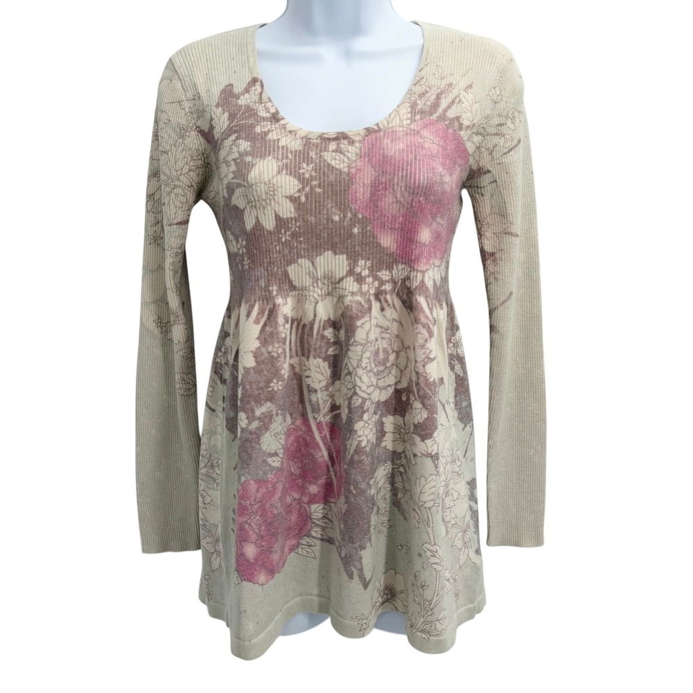 Y2K Fairy Floral Ribbed Babydoll Long Sleeve Tunic Top M Beige Pink One World